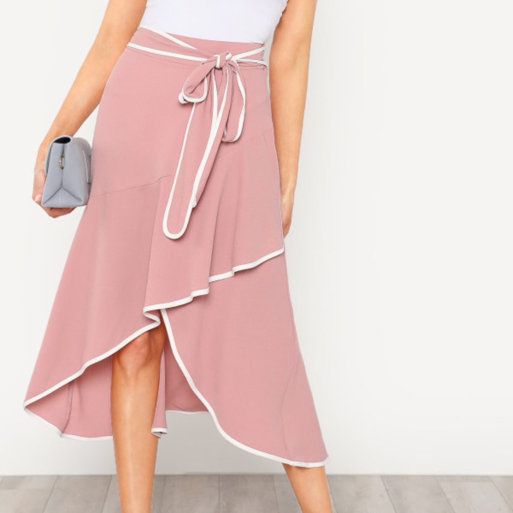 Pink with contrast white trim maxi faux wrap skirt